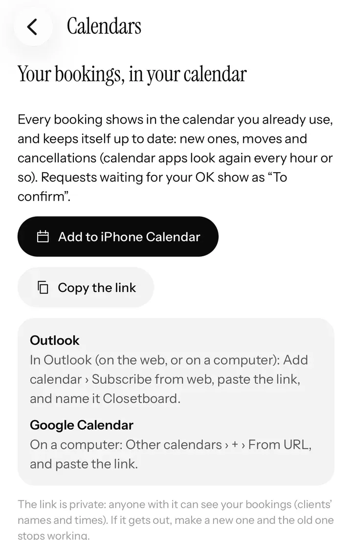 Calendar sync in the app: iPhone Calendar, Outlook and Google Calendar.