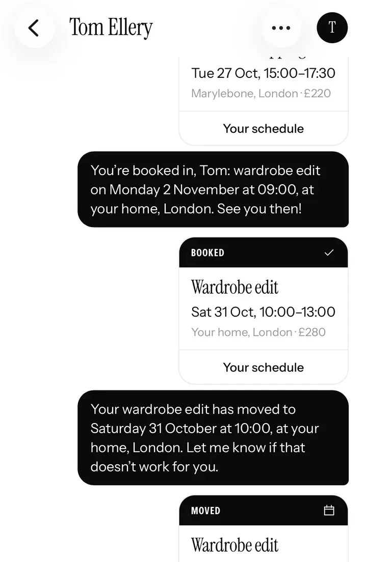 A chat with a client, with a booking card in the conversation.