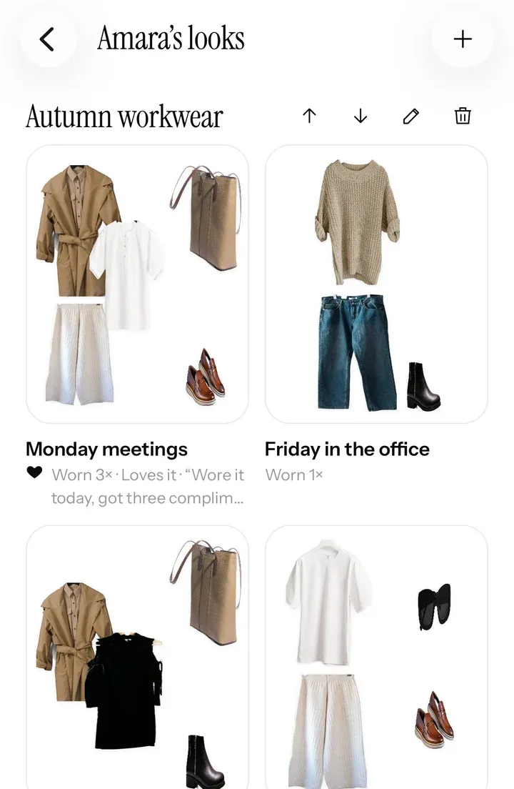 An album called Autumn workwear: four looks made from a client’s clothes, with how often each has been worn.