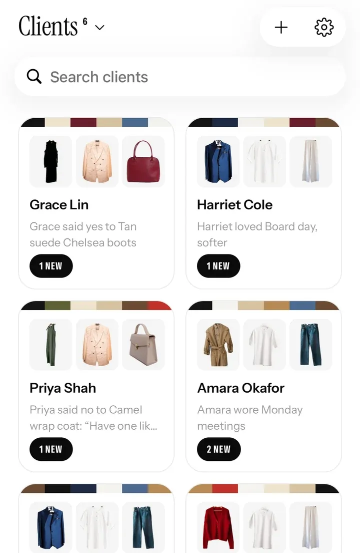 The Clients screen in Closetboard: six example clients, each with three pieces from their closet and their latest answer.