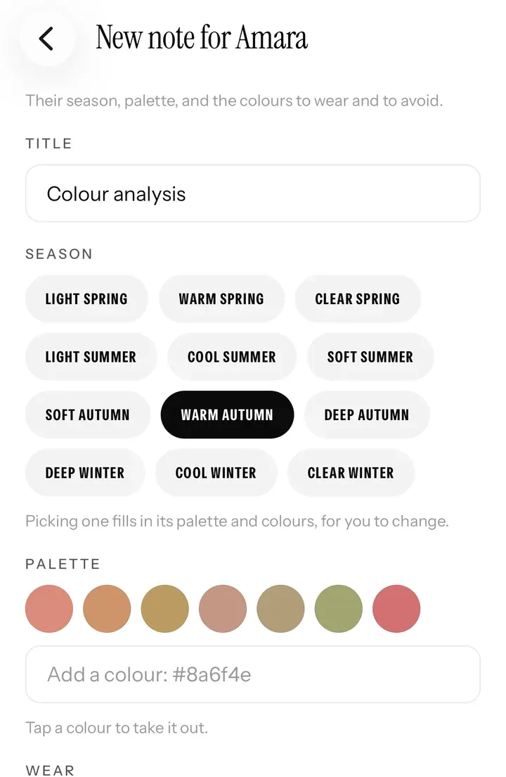 A colour analysis note: a season, a palette, and colours to wear and to avoid.
