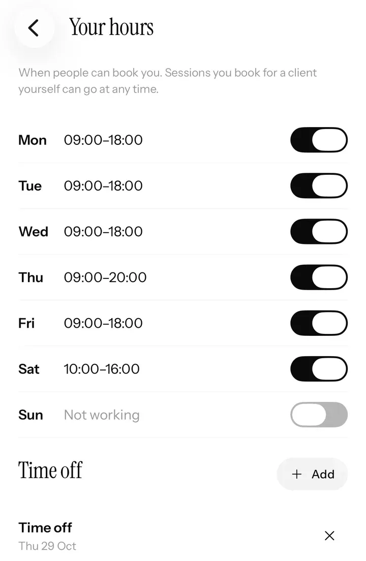 A stylist’s hours and booking rules in the app.