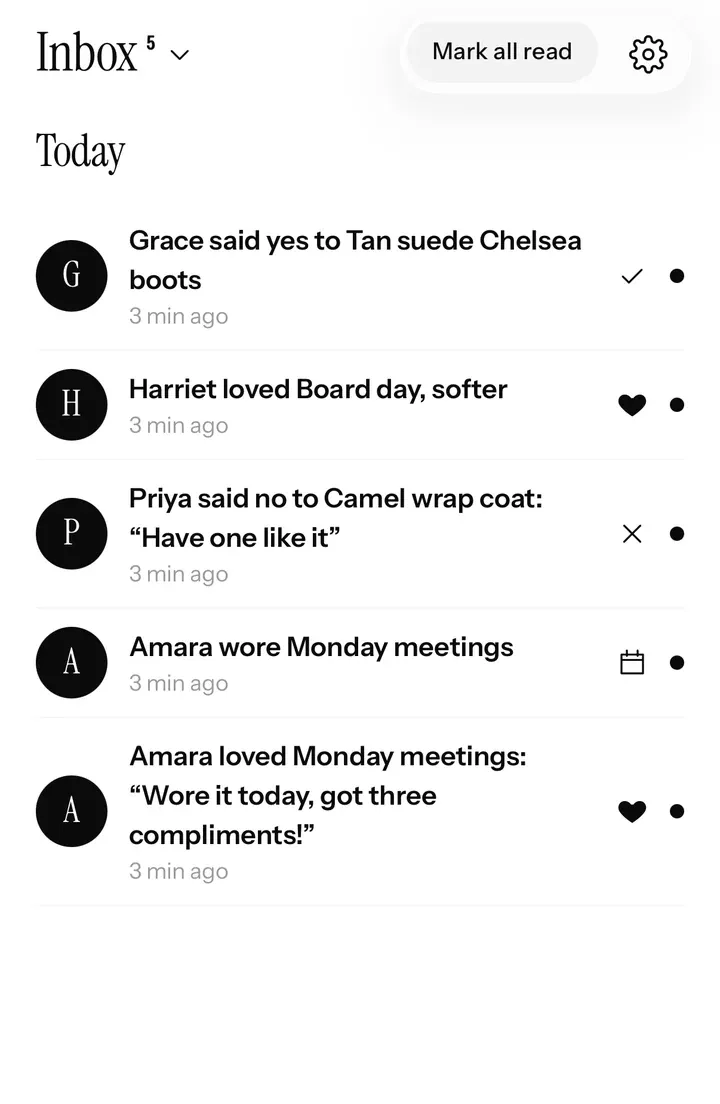 The stylist’s inbox: clients’ answers to looks and suggestions.