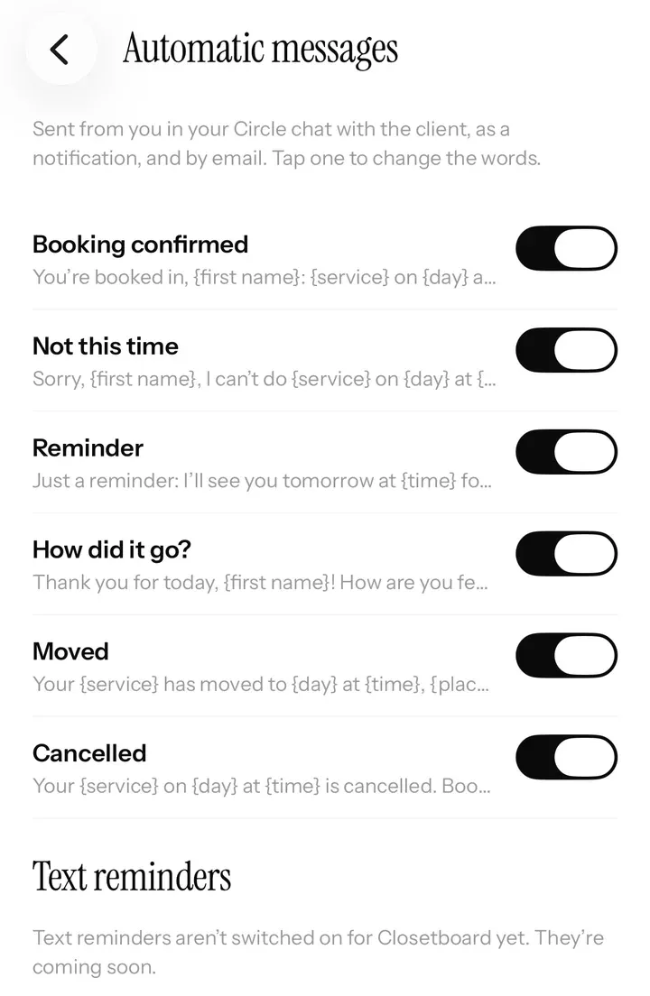 Automatic messages in the app: booked in, the day before and thank you, each in the stylist’s words.