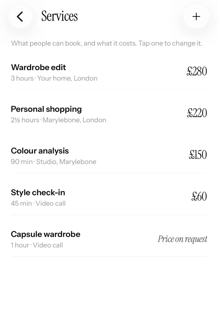 A stylist’s services in the app, each with how its price is shown.