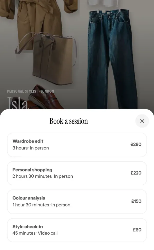 Booking on a stylist’s page, step one: a list of services with prices and lengths.