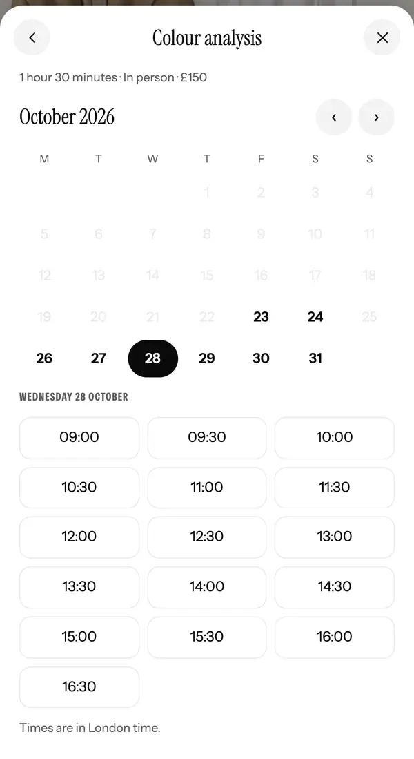 Booking, step three: the chosen session, the cancellation rules and a Book button.