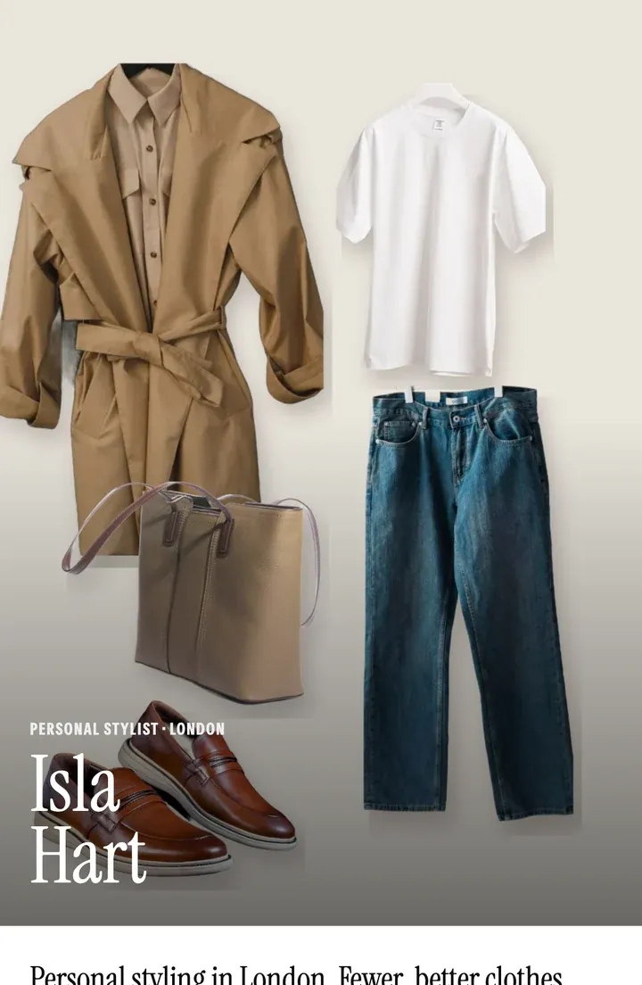 An example stylist’s booking page on closetboard.app: an outfit, her name, Book a session and her next free time.